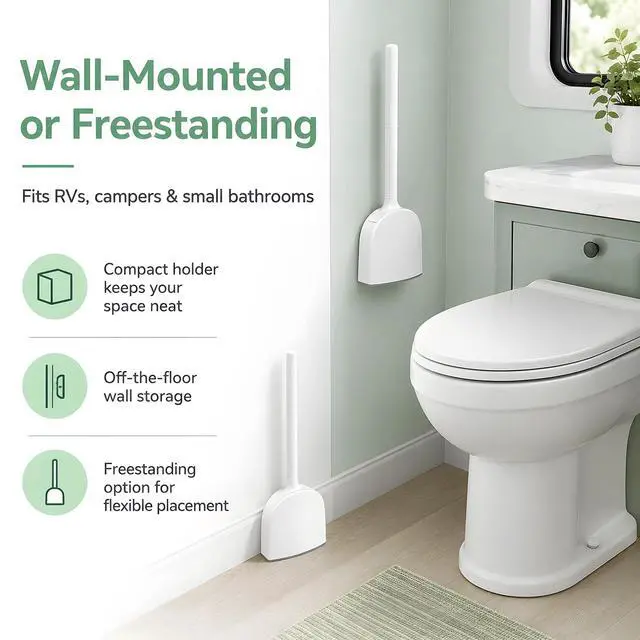 Alt view image 4 of 7 - RV Toilet Brush and Holder Set, Wall Mounted Silicone Toilet Bowl Brush, Compact Flat Space Saving Design for RV Camper Trailer Bathroom, White