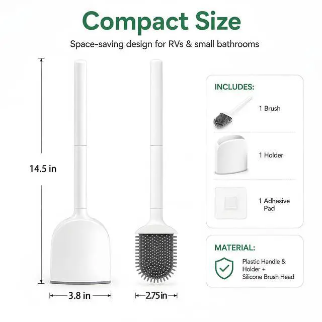 Alt view image 3 of 7 - RV Toilet Brush and Holder Set, Wall Mounted Silicone Toilet Bowl Brush, Compact Flat Space Saving Design for RV Camper Trailer Bathroom, White