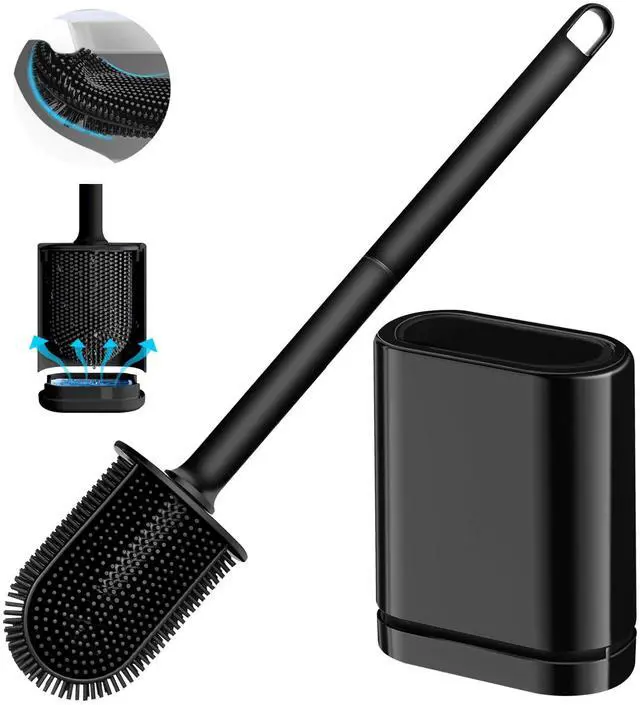 Main image of Silicone Toilet Brush and Holder Set, Toilet Brushes with Ventilated Holder, Wall Mounted Toilet Bowl Brush with Long Handle Bendable Brush Head, Black Toilet Brush Cleaner for Bathroom RV