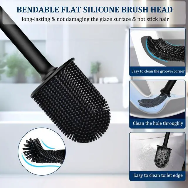 Alt view image 2 of 7 - Silicone Toilet Brush and Holder Set, Toilet Brushes with Ventilated Holder, Wall Mounted Toilet Bowl Brush with Long Handle Bendable Brush Head, Black Toilet Brush Cleaner for Bathroom RV