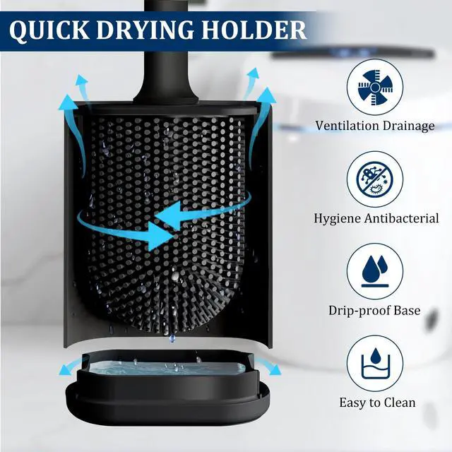 Alt view image 3 of 7 - Silicone Toilet Brush and Holder Set, Toilet Brushes with Ventilated Holder, Wall Mounted Toilet Bowl Brush with Long Handle Bendable Brush Head, Black Toilet Brush Cleaner for Bathroom RV