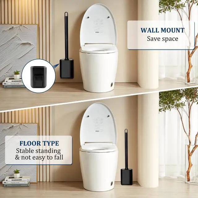 Alt view image 5 of 7 - Silicone Toilet Brush and Holder Set, Toilet Brushes with Ventilated Holder, Wall Mounted Toilet Bowl Brush with Long Handle Bendable Brush Head, Black Toilet Brush Cleaner for Bathroom RV
