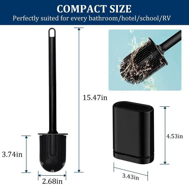 Alt view image 6 of 7 - Silicone Toilet Brush and Holder Set, Toilet Brushes with Ventilated Holder, Wall Mounted Toilet Bowl Brush with Long Handle Bendable Brush Head, Black Toilet Brush Cleaner for Bathroom RV