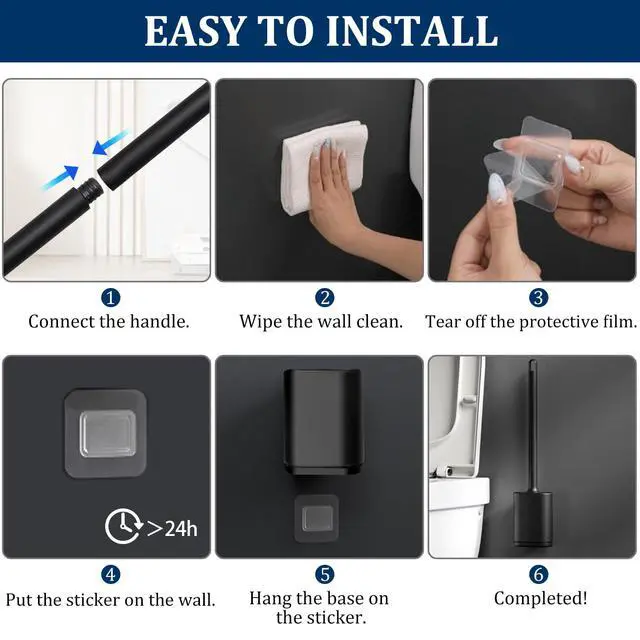 Alt view image 7 of 7 - Silicone Toilet Brush and Holder Set, Toilet Brushes with Ventilated Holder, Wall Mounted Toilet Bowl Brush with Long Handle Bendable Brush Head, Black Toilet Brush Cleaner for Bathroom RV