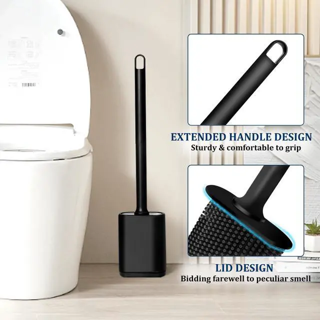 Alt view image 4 of 7 - Silicone Toilet Brush and Holder Set, Toilet Brushes with Ventilated Holder, Wall Mounted Toilet Bowl Brush with Long Handle Bendable Brush Head, Black Toilet Brush Cleaner for Bathroom RV