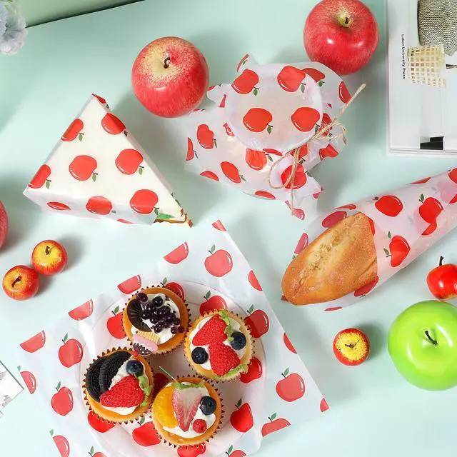 Alt view image 5 of 7 - 150 Pcs Back to School Apple Wax Paper Sheets for Food Deli, 9.8 x 8.3 inch Apple Patterns Greaseproof Wrapping Paper for Sandwich Picnic Basket Liner Beach Pool Back to School Birthday Party Supplies