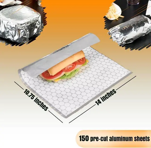 Alt view image 2 of 7 - 150 sheets Insulation Sandwich Wrapping Paper Aluminum Foil Sheets - 10 3/4" x14" - Aluminum Foil Sandwich Wrap Sheets For Sandwich Wraps, Burritos and BBQ