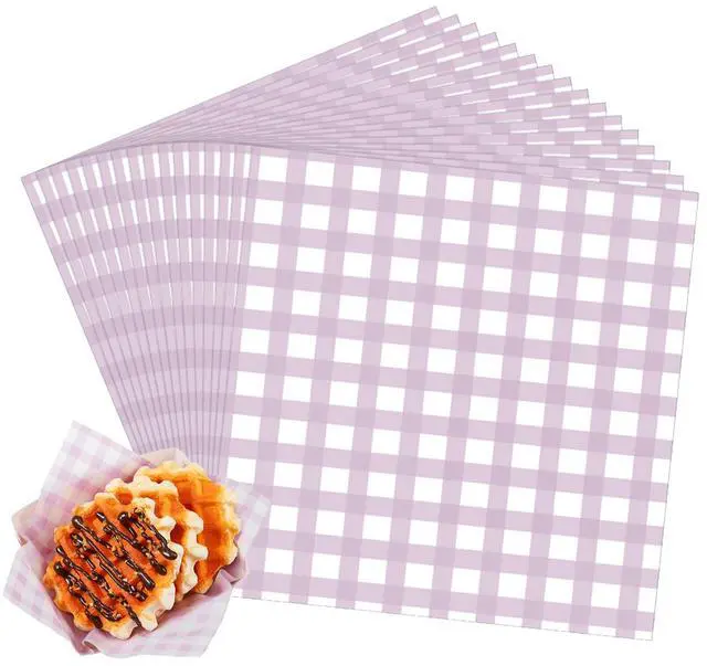 Main image of =200 Pcs Purple Checkered Wax Paper Sheets 7 x 7 Inch Deli Paper | Printed Parchment Paper Sheets Food Basket Liners for Sandwich, Burgers, Greaseproof Disposable Outdoor Picnic Party Supplies