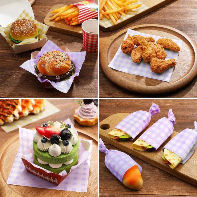 Alt view image 2 of 6 - =200 Pcs Purple Checkered Wax Paper Sheets 7 x 7 Inch Deli Paper | Printed Parchment Paper Sheets Food Basket Liners for Sandwich, Burgers, Greaseproof Disposable Outdoor Picnic Party Supplies