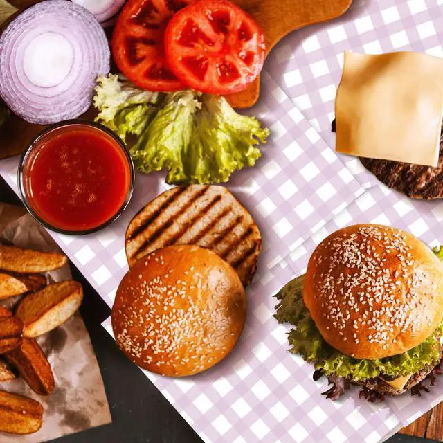 Alt view image 5 of 6 - =200 Pcs Purple Checkered Wax Paper Sheets 7 x 7 Inch Deli Paper | Printed Parchment Paper Sheets Food Basket Liners for Sandwich, Burgers, Greaseproof Disposable Outdoor Picnic Party Supplies