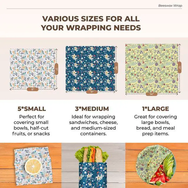 Alt view image 4 of 7 - Reusable Beeswax Food Wraps 9-Pack | Organic Eco-Friendly Sustainable Plastic-Free for Sandwiches, Bread, Produce & Leftovers | Zero Waste Food Storage Variety Pack (1XL, 3M, 5S)