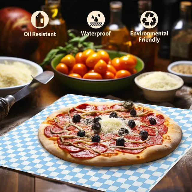 Alt view image 3 of 5 - 100 Sheets Blue and White Checkered Deli Paper Sheets 12 * 12 Inch, Food-graded Greaseproof Paper Basket Liners for Sandwiches, Burgers, Fries Wrapping Paper for Party, Festival and Outdoors