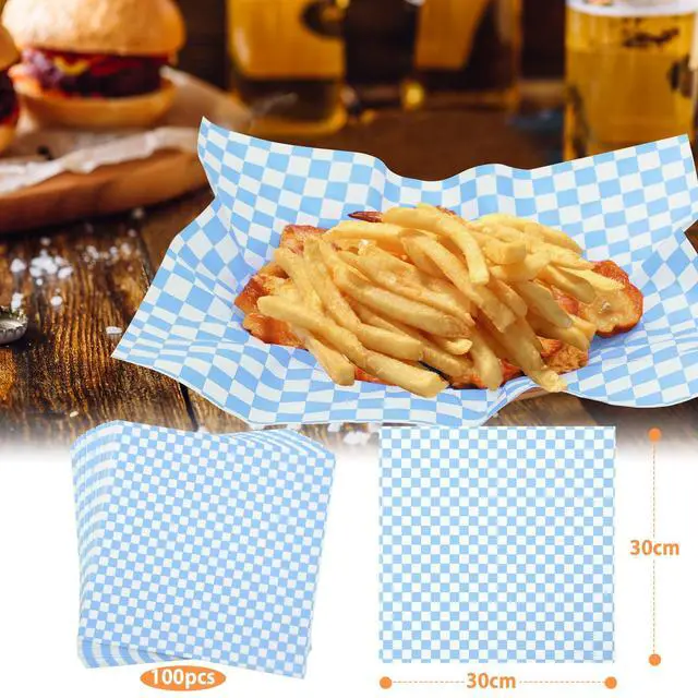 Alt view image 2 of 5 - 100 Sheets Blue and White Checkered Deli Paper Sheets 12 * 12 Inch, Food-graded Greaseproof Paper Basket Liners for Sandwiches, Burgers, Fries Wrapping Paper for Party, Festival and Outdoors