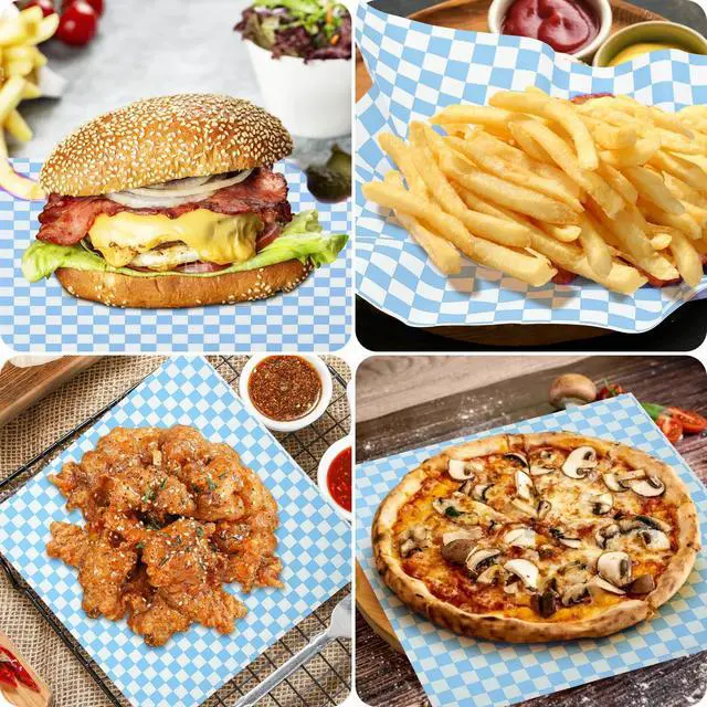 Alt view image 4 of 5 - 100 Sheets Blue and White Checkered Deli Paper Sheets 12 * 12 Inch, Food-graded Greaseproof Paper Basket Liners for Sandwiches, Burgers, Fries Wrapping Paper for Party, Festival and Outdoors