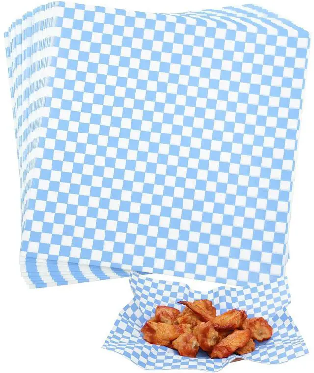 Main image of 100 Sheets Blue and White Checkered Deli Paper Sheets 12 * 12 Inch, Food-graded Greaseproof Paper Basket Liners for Sandwiches, Burgers, Fries Wrapping Paper for Party, Festival and Outdoors