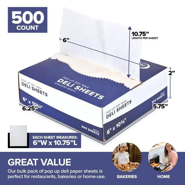 Alt view image 2 of 7 - 500 Count Pre-Cut Deli Wax Sheets, 6 Heavy Duty Pop Up Dry Wax for Restaurant, Disposable Deli Wrap for Burrito, Hot Dog or Sandwich, Stock Your Home
