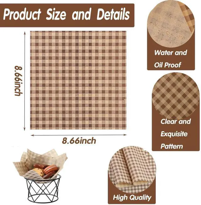 Alt view image 2 of 5 - 100 Pcs 8.66×8.66 Inch Greaseproof Wax Deli Paper Sheets, Checkered Food Wrapping Sheets & Basket Liners For BBQ Picnic Party Lunch Burger & Bread