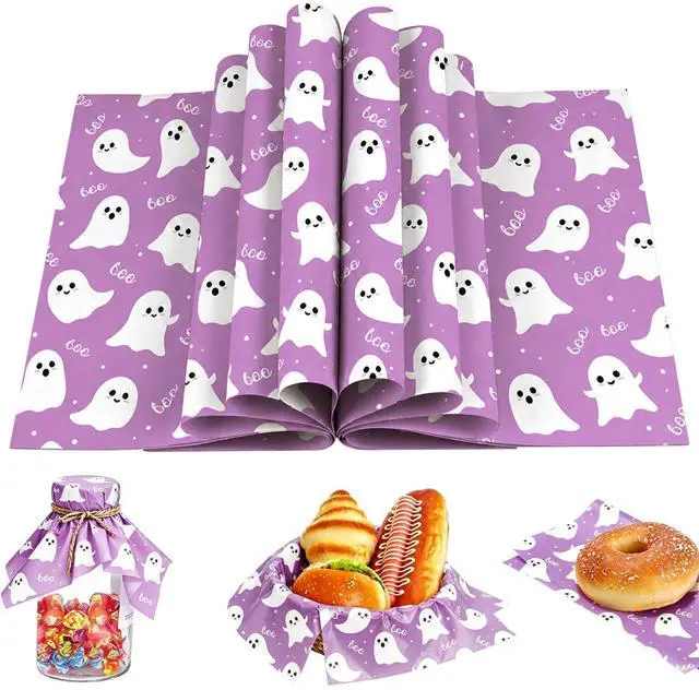 Main image of 150Pcs Purple Ghost Boo Deli Paper, 9.8 x 8.3inch Halloween Grease Proof Food Deli Sheets Sandwich Wrapping Liners Greaseproof Food Wax Paper for Halloween Home Kitchen