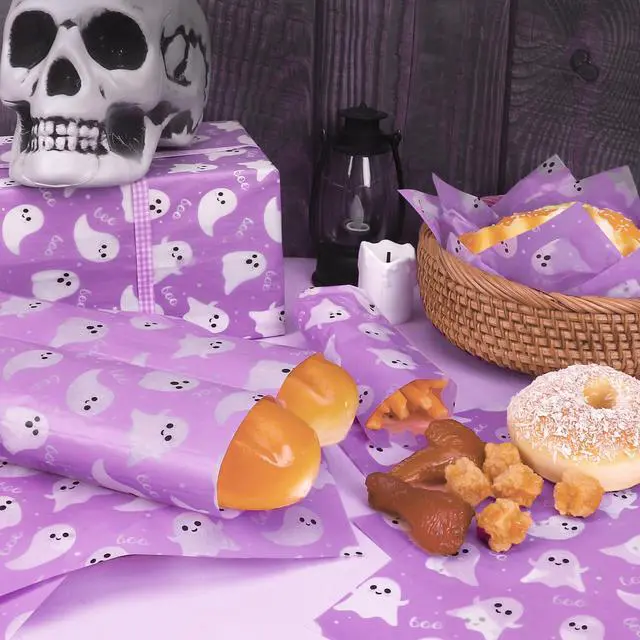 Alt view image 4 of 7 - 150Pcs Purple Ghost Boo Deli Paper, 9.8 x 8.3inch Halloween Grease Proof Food Deli Sheets Sandwich Wrapping Liners Greaseproof Food Wax Paper for Halloween Home Kitchen