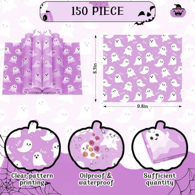 Alt view image 2 of 7 - 150Pcs Purple Ghost Boo Deli Paper, 9.8 x 8.3inch Halloween Grease Proof Food Deli Sheets Sandwich Wrapping Liners Greaseproof Food Wax Paper for Halloween Home Kitchen
