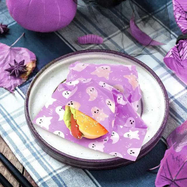 Alt view image 5 of 7 - 150Pcs Purple Ghost Boo Deli Paper, 9.8 x 8.3inch Halloween Grease Proof Food Deli Sheets Sandwich Wrapping Liners Greaseproof Food Wax Paper for Halloween Home Kitchen