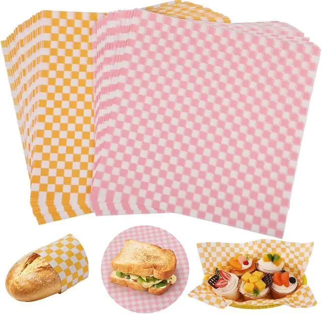 Main image of 100pcs Deli Paper Sheets 12x12", Checkered Sandwich Paper Wraps, Grease Proof Food Basket Liners, Classic Checkered Sandwich Wrapping Paper for Party, Festival and Outdoors - Pink+Orange