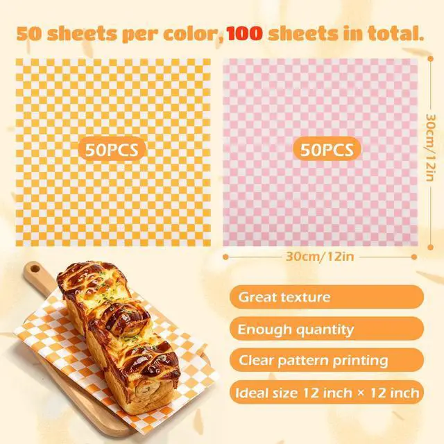 Alt view image 2 of 5 - 100pcs Deli Paper Sheets 12x12", Checkered Sandwich Paper Wraps, Grease Proof Food Basket Liners, Classic Checkered Sandwich Wrapping Paper for Party, Festival and Outdoors - Pink+Orange