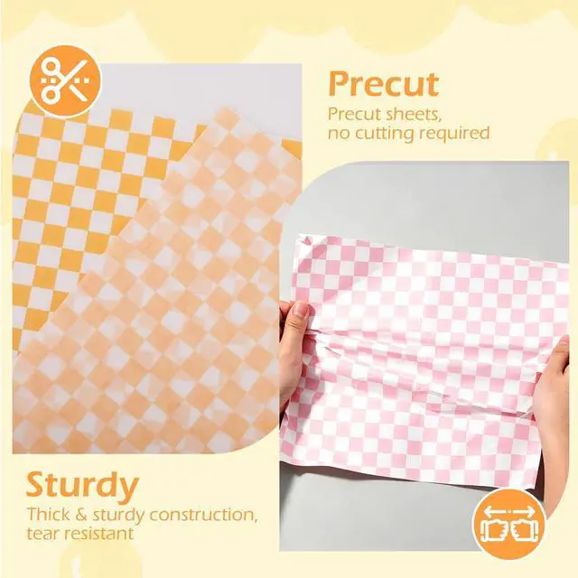 Alt view image 3 of 5 - 100pcs Deli Paper Sheets 12x12", Checkered Sandwich Paper Wraps, Grease Proof Food Basket Liners, Classic Checkered Sandwich Wrapping Paper for Party, Festival and Outdoors - Pink+Orange