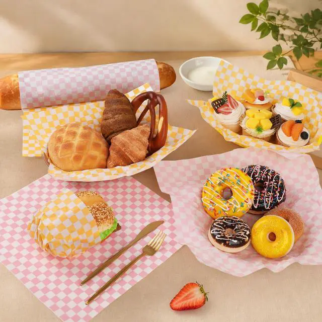 Alt view image 4 of 5 - 100pcs Deli Paper Sheets 12x12", Checkered Sandwich Paper Wraps, Grease Proof Food Basket Liners, Classic Checkered Sandwich Wrapping Paper for Party, Festival and Outdoors - Pink+Orange