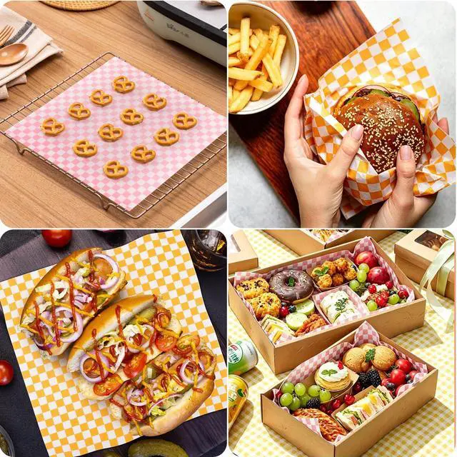 Alt view image 5 of 5 - 100pcs Deli Paper Sheets 12x12", Checkered Sandwich Paper Wraps, Grease Proof Food Basket Liners, Classic Checkered Sandwich Wrapping Paper for Party, Festival and Outdoors - Pink+Orange