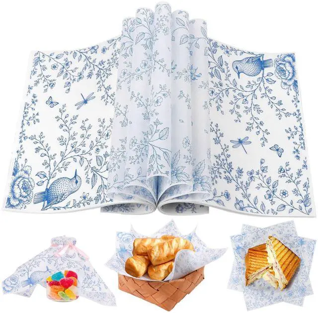 Main image of 150Pcs Blue Floral Wax Paper Sheets for Food, Grease Proof Chinoiserie Bird Deli Sandwich Wrapping Food Basket Liners Bakery Kitchen, 9.8 x 8.7 Inch