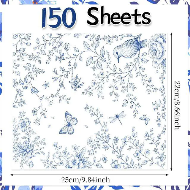 Alt view image 2 of 7 - 150Pcs Blue Floral Wax Paper Sheets for Food, Grease Proof Chinoiserie Bird Deli Sandwich Wrapping Food Basket Liners Bakery Kitchen, 9.8 x 8.7 Inch