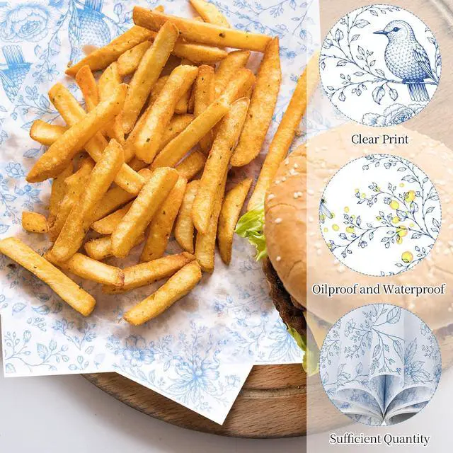 Alt view image 3 of 7 - 150Pcs Blue Floral Wax Paper Sheets for Food, Grease Proof Chinoiserie Bird Deli Sandwich Wrapping Food Basket Liners Bakery Kitchen, 9.8 x 8.7 Inch