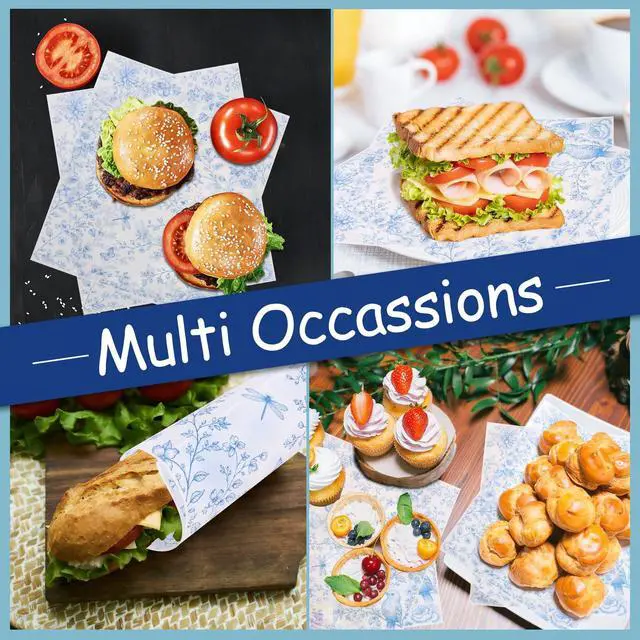 Alt view image 6 of 7 - 150Pcs Blue Floral Wax Paper Sheets for Food, Grease Proof Chinoiserie Bird Deli Sandwich Wrapping Food Basket Liners Bakery Kitchen, 9.8 x 8.7 Inch