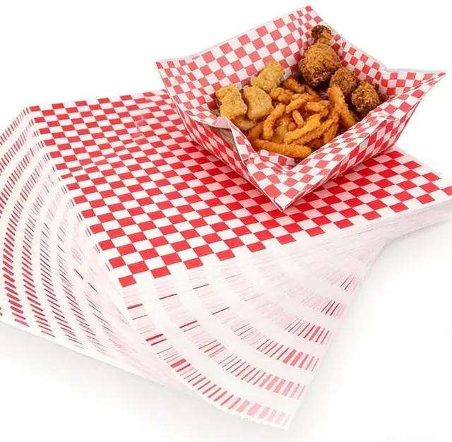 Main image of 200Pcs Food Basket Liners, 7 x 7", Grease Resistant Wax Paper for Food | Red White Checkered Deli Paper Sheets, Sandwich Wrapping For BBQ, Picnic, Party