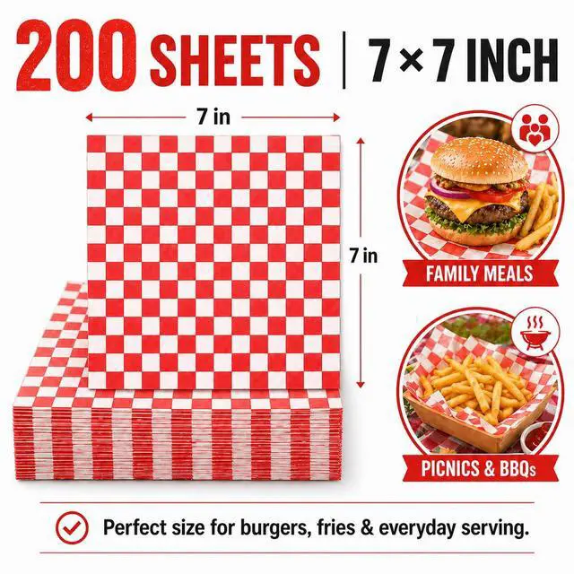 Alt view image 2 of 7 - 200Pcs Food Basket Liners, 7 x 7", Grease Resistant Wax Paper for Food | Red White Checkered Deli Paper Sheets, Sandwich Wrapping For BBQ, Picnic, Party