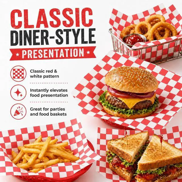 Alt view image 4 of 7 - 200Pcs Food Basket Liners, 7 x 7", Grease Resistant Wax Paper for Food | Red White Checkered Deli Paper Sheets, Sandwich Wrapping For BBQ, Picnic, Party