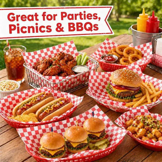 Alt view image 5 of 7 - 200Pcs Food Basket Liners, 7 x 7", Grease Resistant Wax Paper for Food | Red White Checkered Deli Paper Sheets, Sandwich Wrapping For BBQ, Picnic, Party