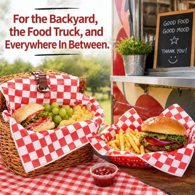 Alt view image 7 of 7 - 200Pcs Food Basket Liners, 7 x 7", Grease Resistant Wax Paper for Food | Red White Checkered Deli Paper Sheets, Sandwich Wrapping For BBQ, Picnic, Party