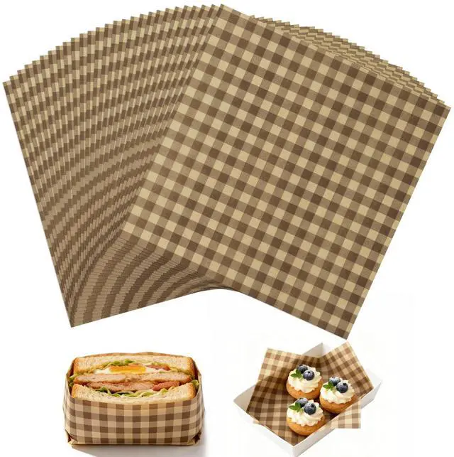 Main image of 100 Pcs Waxed Deli Paper Sheets 7 × 7 Inch Greaseproof Food Basket Liners for Sandwiches, Burgers Wrapping, Multi-Color Checkered Paper for Kitchen, Food Truck, Party (7×7)