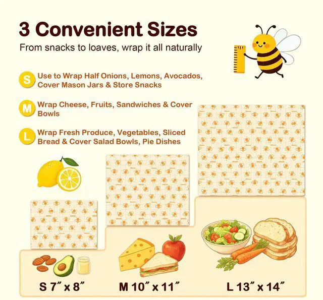 Alt view image 3 of 7 - 3 Pack Beeswax Wraps for Food - Small Medium Large Bees Wax Wraps Reusable Organic Beeswax Paper Food Wraps, Plastic Free Food Storage Wrap for Bread, Sandwich, Bowl Covers, Eco Friendly, Zero Waste