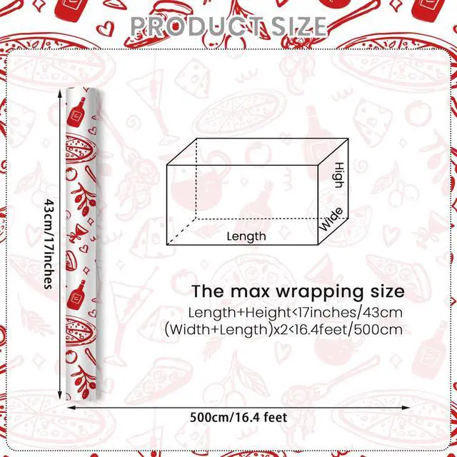 Alt view image 3 of 7 - Food Wrapping Paper Roll for Food Lovers, Pizza Gift Wrap for Foodies & Cooks, Red Hand-Drawn Design for Wedding, Baby Shower, Birthday, Pizza Night, Dinner Party, Hostess Gift, 17 Inch × 16.4 Feet