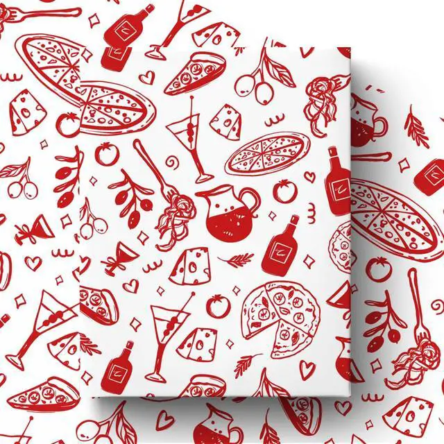 Alt view image 2 of 7 - Food Wrapping Paper Roll for Food Lovers, Pizza Gift Wrap for Foodies & Cooks, Red Hand-Drawn Design for Wedding, Baby Shower, Birthday, Pizza Night, Dinner Party, Hostess Gift, 17 Inch × 16.4 Feet