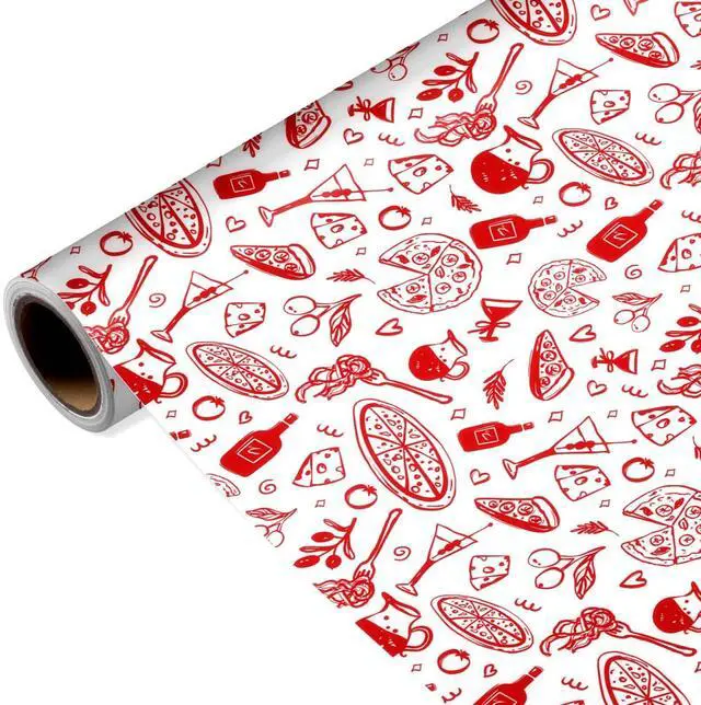 Main image of Food Wrapping Paper Roll for Food Lovers, Pizza Gift Wrap for Foodies & Cooks, Red Hand-Drawn Design for Wedding, Baby Shower, Birthday, Pizza Night, Dinner Party, Hostess Gift, 17 Inch × 16.4 Feet