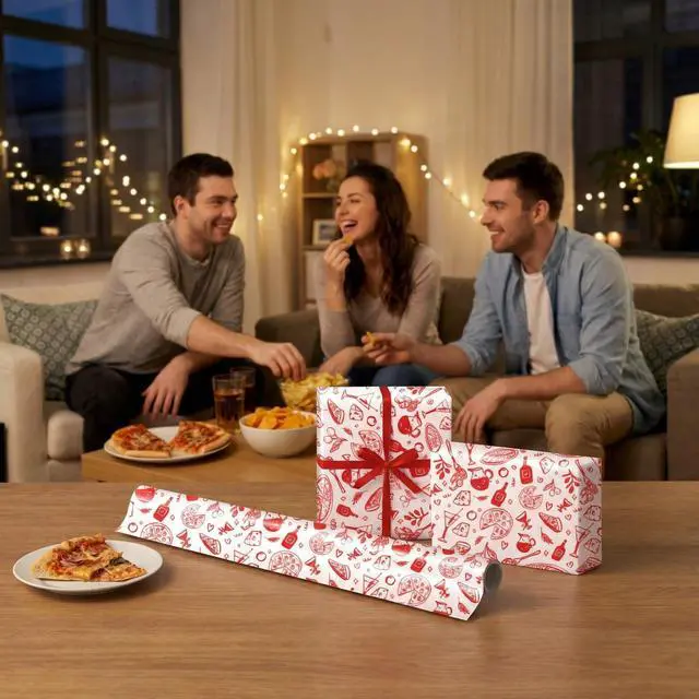 Alt view image 4 of 7 - Food Wrapping Paper Roll for Food Lovers, Pizza Gift Wrap for Foodies & Cooks, Red Hand-Drawn Design for Wedding, Baby Shower, Birthday, Pizza Night, Dinner Party, Hostess Gift, 17 Inch × 16.4 Feet