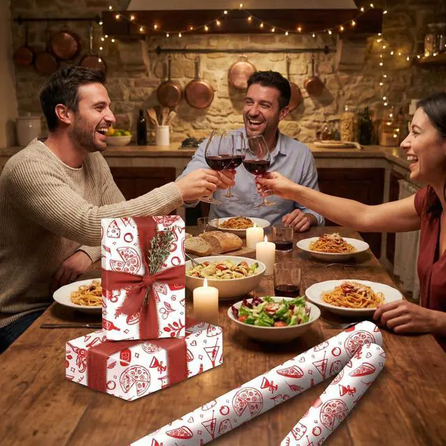 Alt view image 5 of 7 - Food Wrapping Paper Roll for Food Lovers, Pizza Gift Wrap for Foodies & Cooks, Red Hand-Drawn Design for Wedding, Baby Shower, Birthday, Pizza Night, Dinner Party, Hostess Gift, 17 Inch × 16.4 Feet