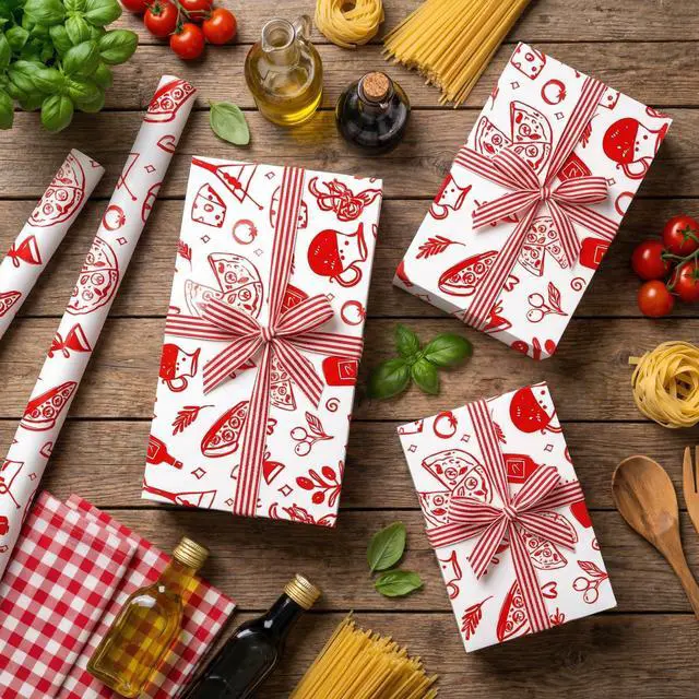 Alt view image 7 of 7 - Food Wrapping Paper Roll for Food Lovers, Pizza Gift Wrap for Foodies & Cooks, Red Hand-Drawn Design for Wedding, Baby Shower, Birthday, Pizza Night, Dinner Party, Hostess Gift, 17 Inch × 16.4 Feet