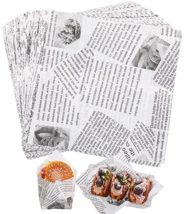 Main image of 100 PCS Newspaper Print Deli Paper Sheets 7 * 7 Inch, Food-grade Greaseproof Paper Food Basket Liners for Sandwiches, Burgers, Fries Wrapping for Party, Festival and Outdoors - White