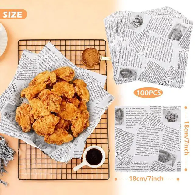 Alt view image 2 of 5 - 100 PCS Newspaper Print Deli Paper Sheets 7 * 7 Inch, Food-grade Greaseproof Paper Food Basket Liners for Sandwiches, Burgers, Fries Wrapping for Party, Festival and Outdoors - White