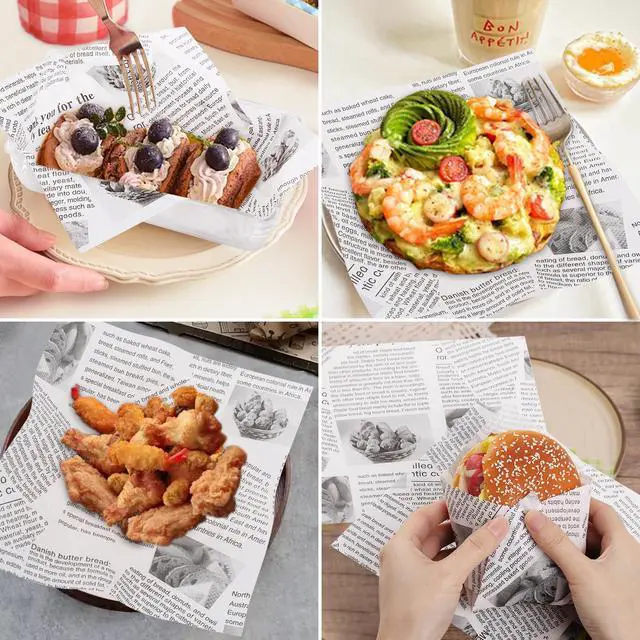 Alt view image 3 of 5 - 100 PCS Newspaper Print Deli Paper Sheets 7 * 7 Inch, Food-grade Greaseproof Paper Food Basket Liners for Sandwiches, Burgers, Fries Wrapping for Party, Festival and Outdoors - White